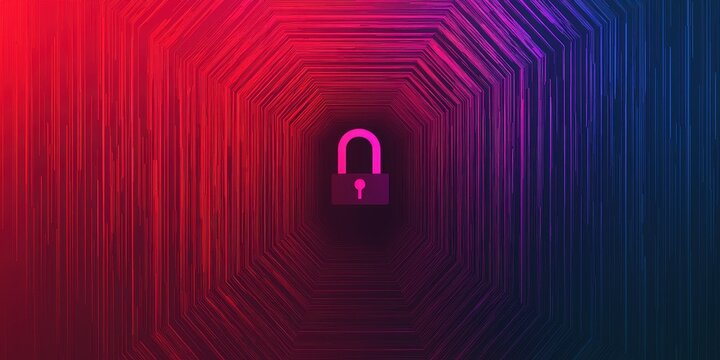 Information with source and privacy concept. Digital tunnel with an unlocked padlock symbol in vibrant colors.