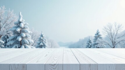 Fototapeta premium Winter Wonderland Serene White Wooden Tabletop Against a Blurred Snowy Forest Backdrop