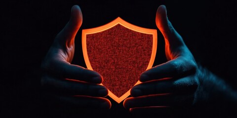 Information with source and privacy concept. Glowing shield held by hands representing digital security.