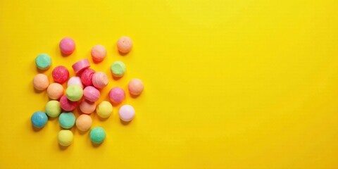 Obraz premium A vibrant collection of small, colorful spheres scattered on a sunny yellow backdrop, offering a cheerful and playful visual delight.