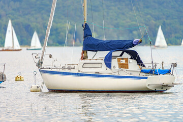 Yachts and boats at anchor and on the water.