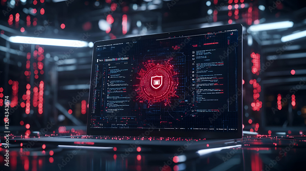Poster laptop displaying a login screen surrounded by various security icons, emphasizing the importance of