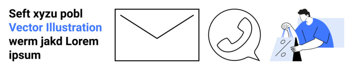 Email envelope, WhatsApp call icon, and person receiving shopping bags. Ideal for communication, messaging apps, social media, customer service, online shopping, e-commerce digital marketing