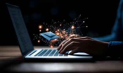 E-learning Engagement, A person interacts with a laptop surrounded by vibrant icons representing various online learning tools and resources.