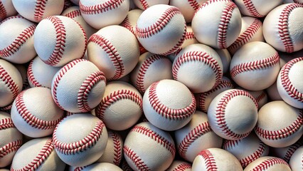 Red stitches pop against a mass of white baseballs in this close-up panoramic sports shot.