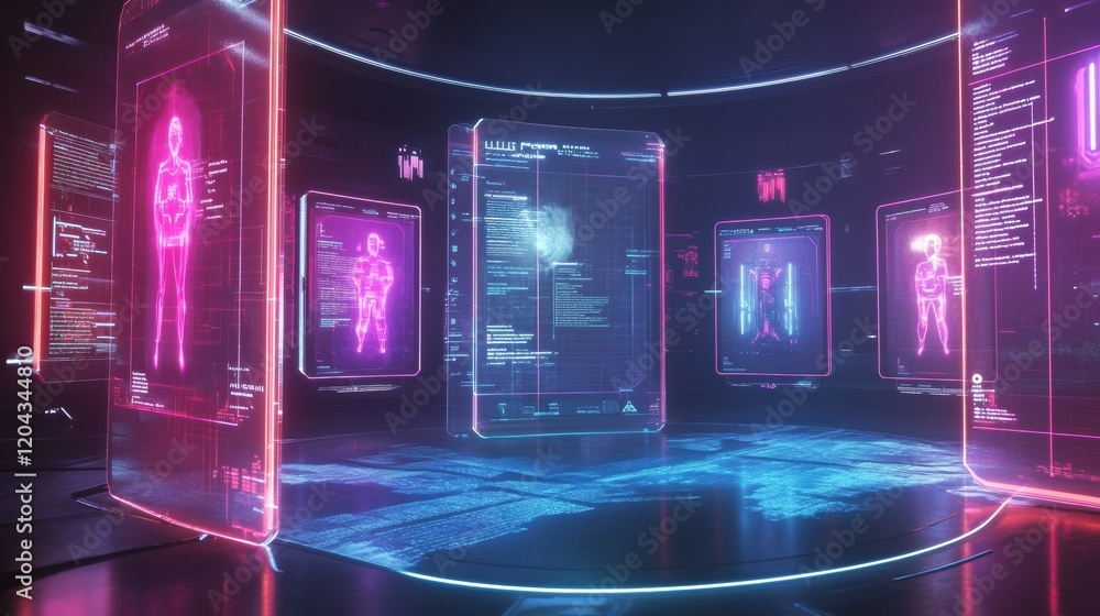 Poster futuristic digital interface showing human anatomy and health data in a modern research facility. ge