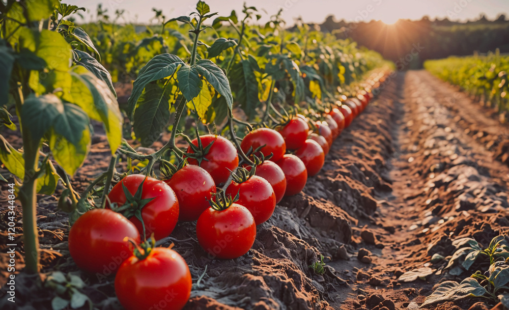 Poster row of red tomatoes are growing in a field. the tomatoes are ripe and ready to be picked
