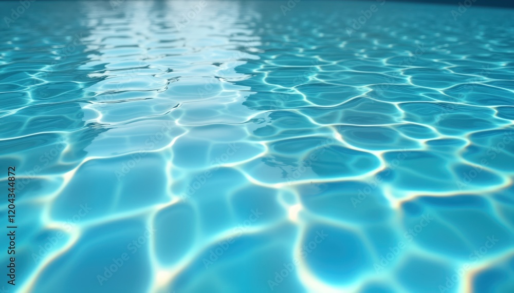 Poster Abstract water surface of swimming pool. Ripples, waves create unique patterns on pool bottom. Light reflects on blue water. Photo perfect for design projects backgrounds. Pool bottom texture with