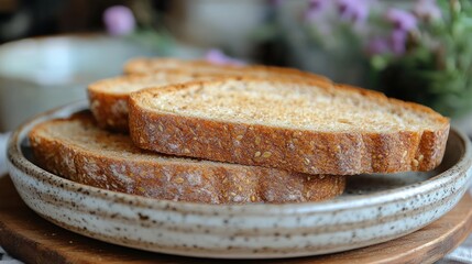 Toasted bread slices on plate, kitchen setting. Food blog, recipe