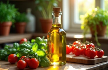 Fresh basil, cherry tomatoes on wooden board next to bottle of olive oil. Sunlight shines on ingredients in cozy kitchen. Food photo healthy, fresh ingredients for cooking eating. Captures summer