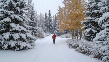 Solitary hiker in red jacket walks snow-covered path between snow-laden evergreens and golden aspen trees during snowfall.