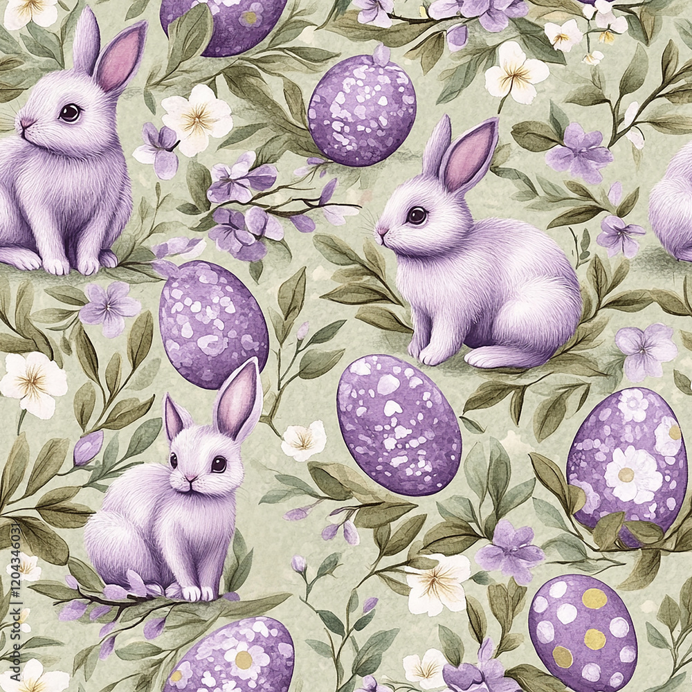 Poster easter a purple pattern background with a rabbit holding an egg and another rabbit holding an egg. t