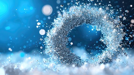 Abstract silver ring of water droplets on blue bokeh background.