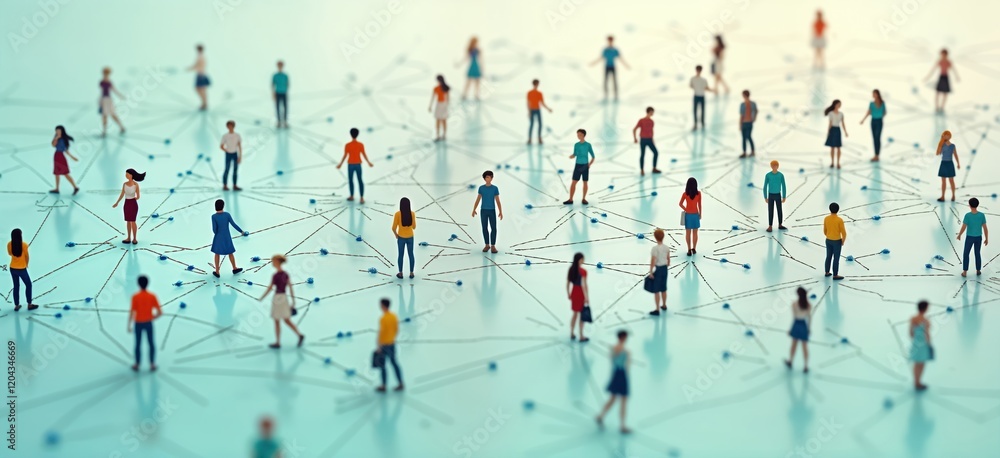 Poster Miniature people form network pattern. Connections symbolize collaboration, teamwork. Diverse individuals interact in group dynamic. Visualizes social network tech company. Illustration shows