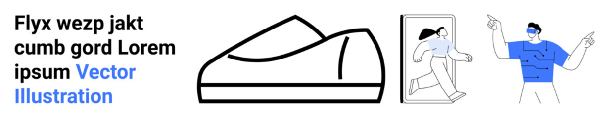 Shoe outline, mobile screen with running woman, and young man gesturing. Ideal for mobile app design, fitness, fashion, technology, user interaction, vector illustrations, landing page