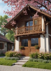 Traditional swiss chalet facade with beautiful blossoming tree, wooden, scenic view, countryside