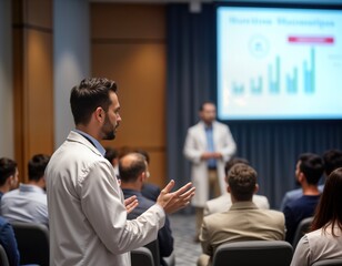 Medical specialist presents at seminar in convention hall. Attendees listen attentively to presentation. Group of medical professionals gathers at educational event. Speaker engages audience in