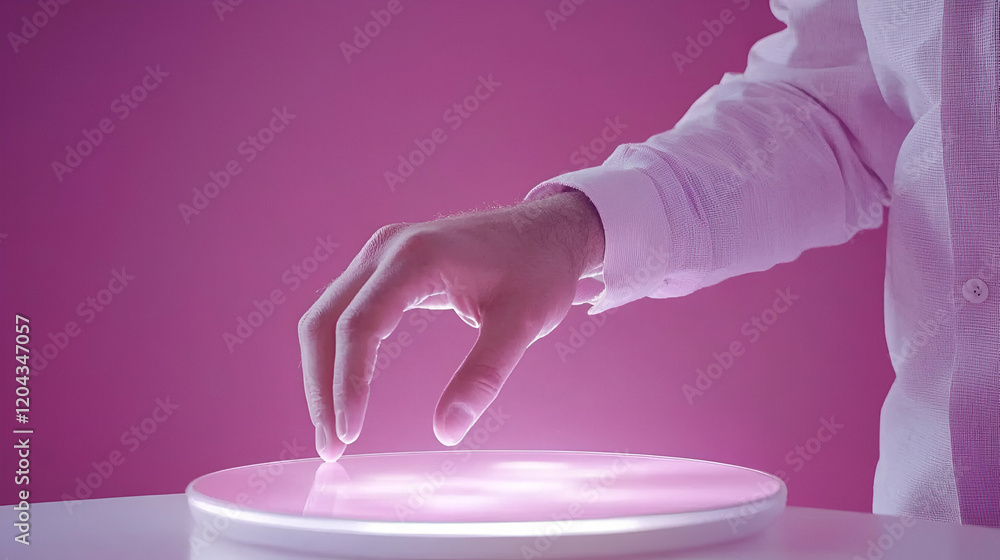 Poster interactive technology engagement, a person using a touch screen interface, exploring digital option