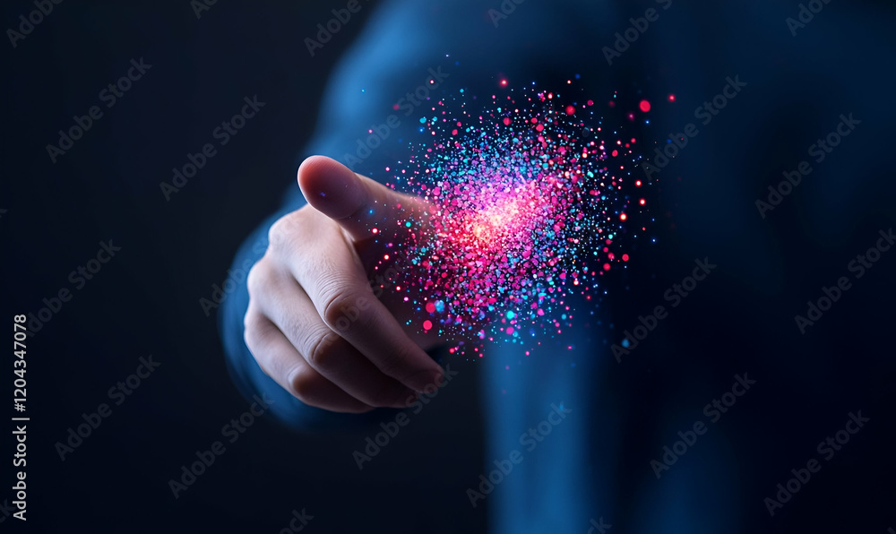Poster digital engagement, a person immersed in a vibrant digital landscape, exploring interactive data vis