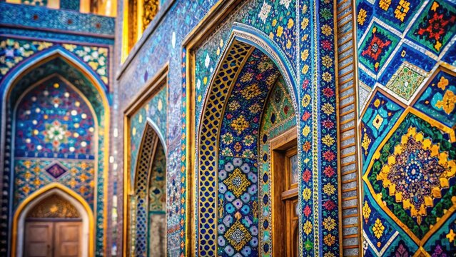 Sheikh Safi al-Din Shrine's exquisite ceramic wall, a Persian tile mosaic, bursts with color; Iranian architecture in a bokeh-soft focus.