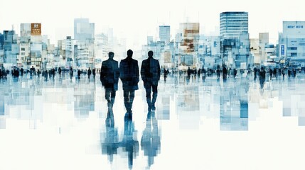Obraz premium Three Businessmen Walking Through Cityscape, Abstract Business Concept
