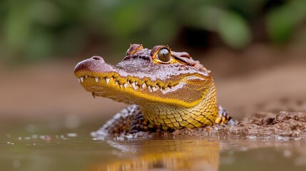 Fototapeta premium Young caiman emerging from muddy water, rainforest background; wildlife photography