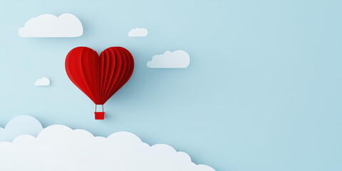 Obraz premium Hot air balloon shaped like a heart floating above clouds against a blue background during a serene daytime