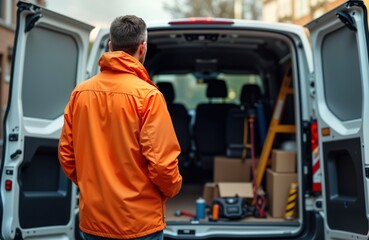Man in orange jacket stands near open van back door. Van loaded with equipment. Pro looking. Scene daytime, outdoors by building. Warm lighting suggests sunset. Man appears serious, ready to work.