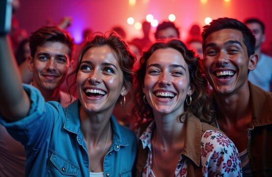 Young adults take selfie at lively party. Smiling, happy group of friends enjoy nightlife indoors. Vibrant colors, lights of club bar environment. Casual attire. Good time, fun. Energetic atmosphere. - Powered by Adobe