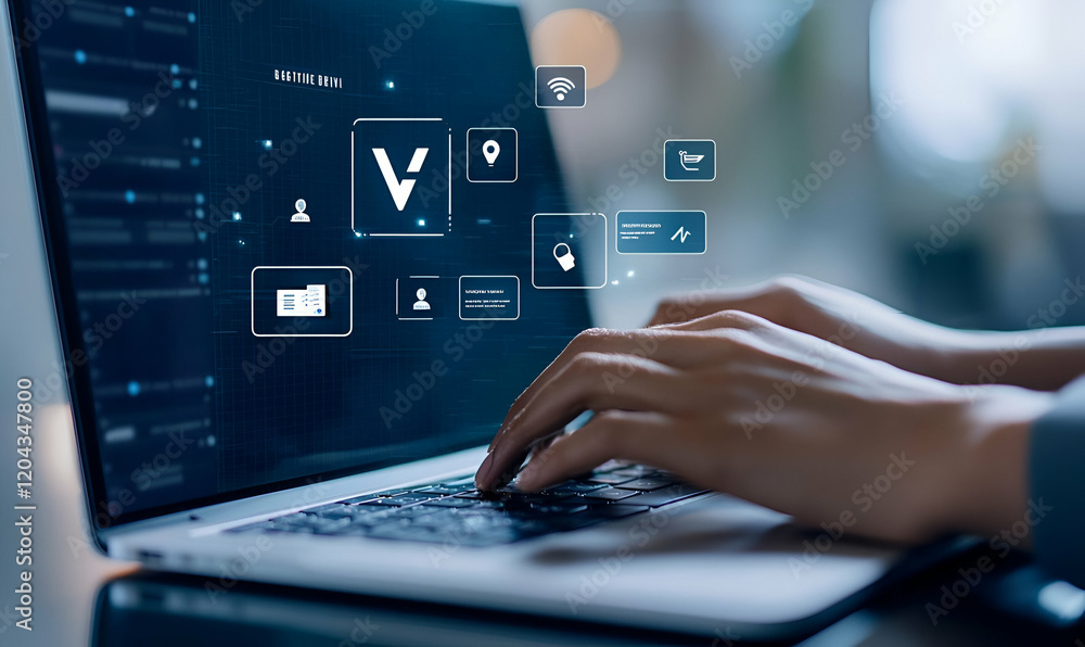 Poster digital workspace, a person engaged in typing on a laptop surrounded by floating icons representing 