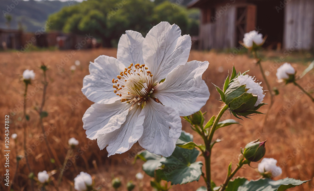 Poster white flower in a field with a brown background. the flower is the main focus of the image