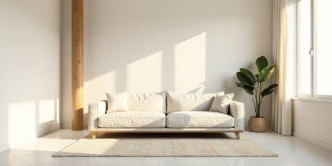 Serene Living Room Interior Design Featuring a Neutral Sofa and Natural Light