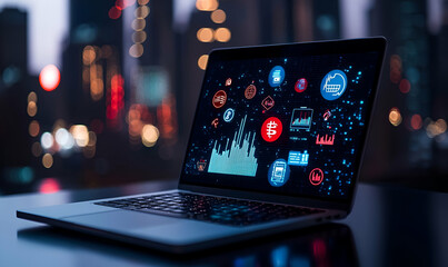 Digital Workspace, A person engaged in typing on a laptop surrounded by floating icons representing various digital tools and applications