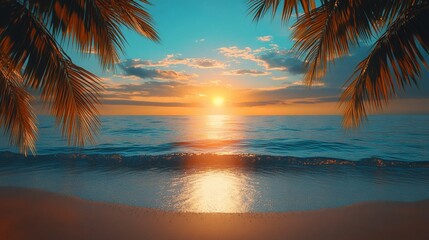 Tropical sunset beach scene, ocean waves, palm trees. Perfect for travel brochures