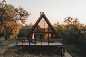 Fototapeta premium Modern A-frame house with large windows, surrounded by lush gree