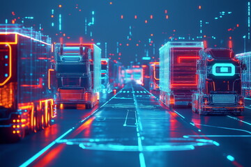 Futuristic transport scene with neon trucks urban environment digital art nighttime viewpoint innovative technology concept