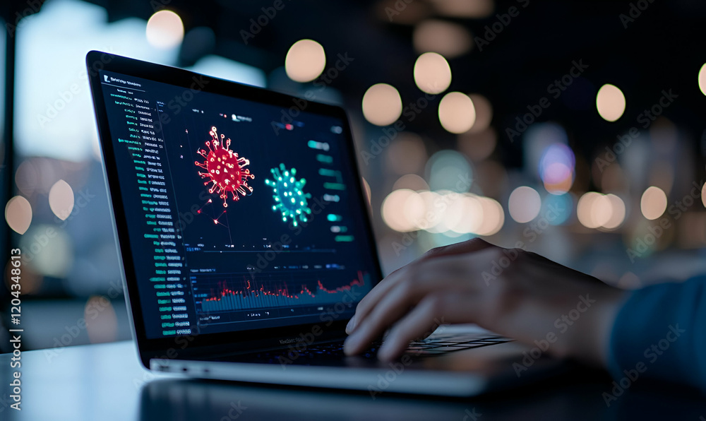 Poster person engaged with a laptop displaying an erp interface, modern workspace, focus on technology and 
