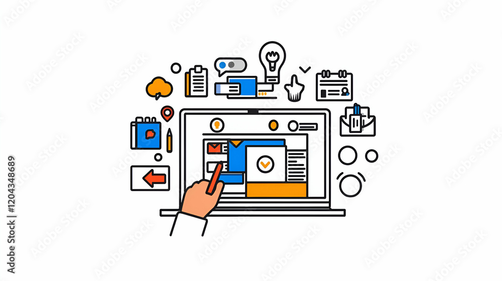 Poster digital workspace, an individual engaged with a laptop surrounded by vibrant file system icons, illu