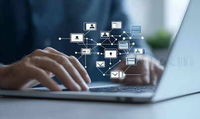 Tech-savvy professional engaging with an ERP system on a laptop, surrounded by vibrant icons representing various software functionalities.
