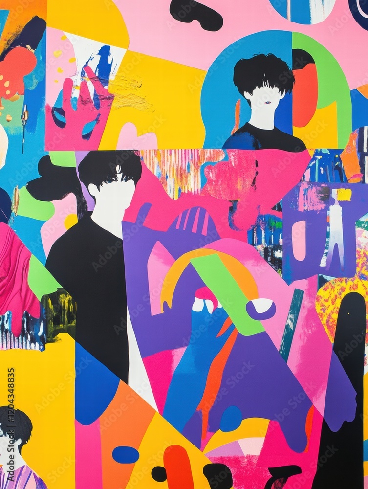Aufkleber Creative mural display featuring bold colors and abstract figures in an urban setting during daylight hours. Generative AI