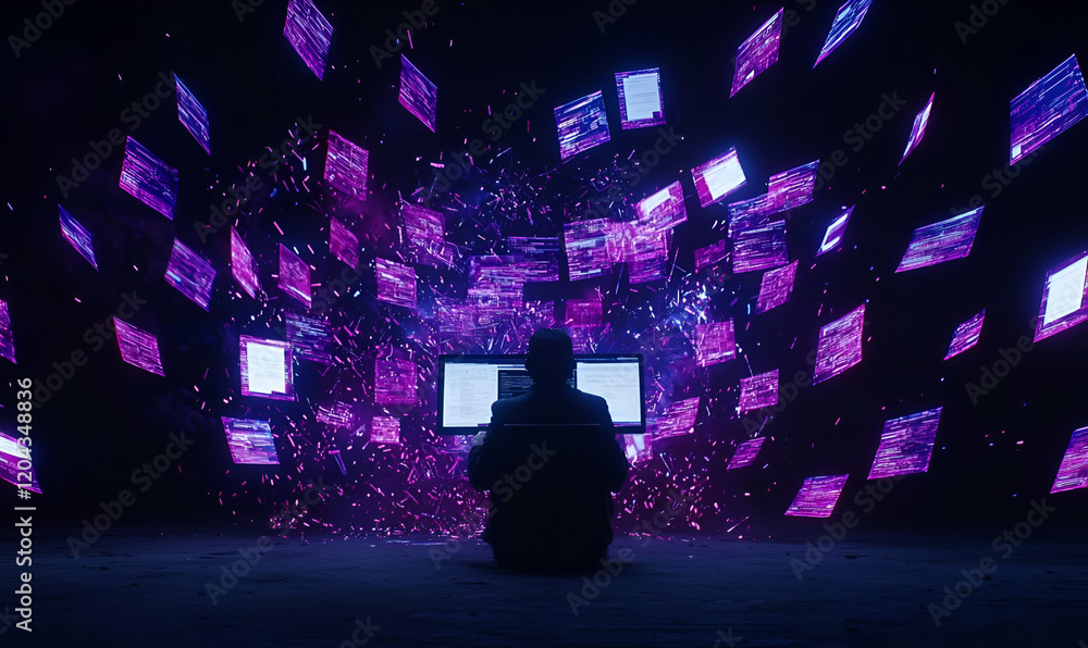 Poster tech-savvy individual engaged with a laptop, surrounded by vibrant floating icons representing digit