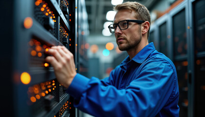 Engineer concentrates on tech system. Man in blue uniform adjusts control panel. Industrial environment. Server room. Focus on precise operation. Technical expertise. Modern tech equipment. Expert in