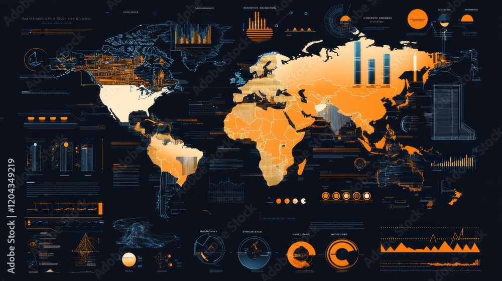 Poster visual representation of global data trends with charts and maps detailing statistics across contine