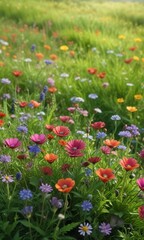 Fototapeta premium Vibrant wild flowers blooming on a green meadow, petals, wildflowers, nature
