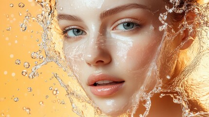 Delicate face surrounded by dynamic water splashes creates capti