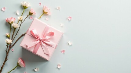 A delicately wrapped pink gift box adorned with a silk ribbon, nestled amongst a blossoming branch of pastel pink and white flowers, creating a scene of springtime elegance and thoughtful gifting.