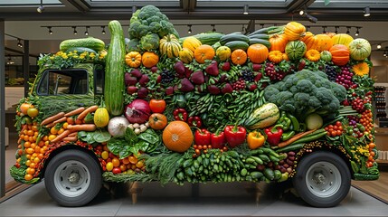 The innovative art vehicle sculpture crafted from fruits and vegetables 