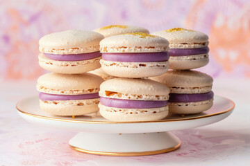 Fototapeta premium Elegant Ube Macarons with Gold Dust on Delicate Dessert Platter