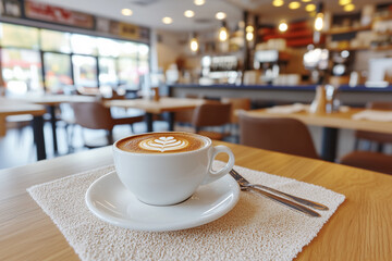 Fototapeta premium Freshly Brewed Coffee on a Wooden Table in a Cozy Café Atmosphere