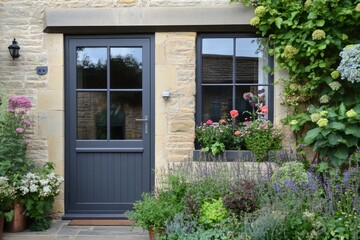 Charming garden door situated in a quaint stone cottage surrounded by colorful flowers and lush greenery during a sunny afternoon